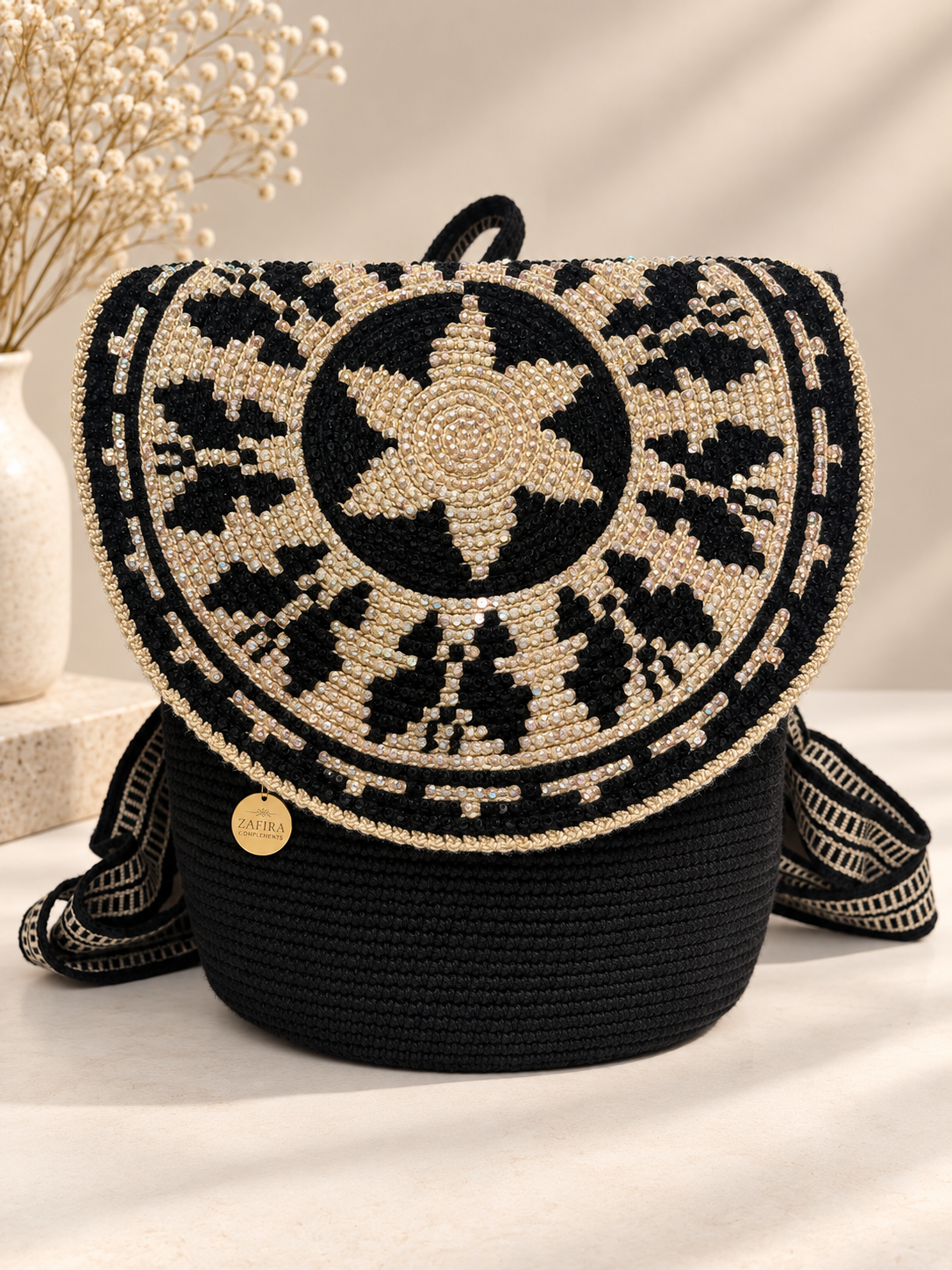 Luxury Backpack with Crystal Stones | Handmade Crochet Flap Adjustable Backpack