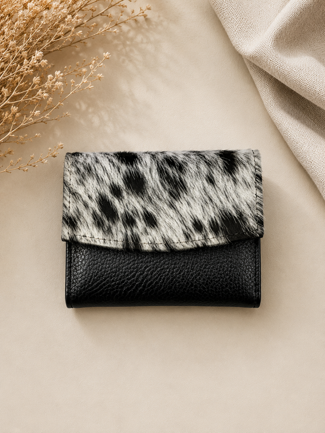 Genuine Cowhide Leather Card Holder Wallet with Zipper Hair-On Multiple Card Slots 7inx4in