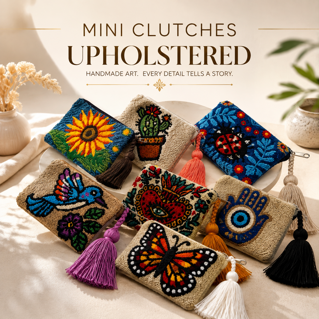 Handmade Tufted Mini Clutch Wallet 6” x 4” | Embroidered Zipper Coin Purse with Tassel