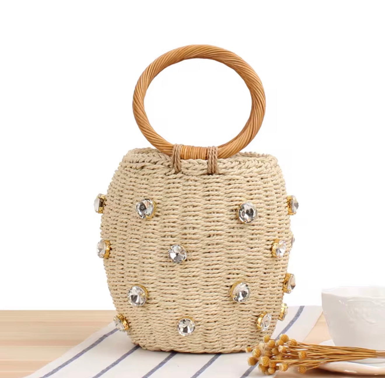 Handmade bucket bag with sparkling rhinestones + charm bag Elegant woven handbag