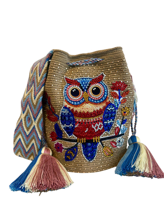 Large Handmade Crochet Owl Bag Colorful Wayuu Crossbody Bucket Bag Owl Collection | Zafira Complements