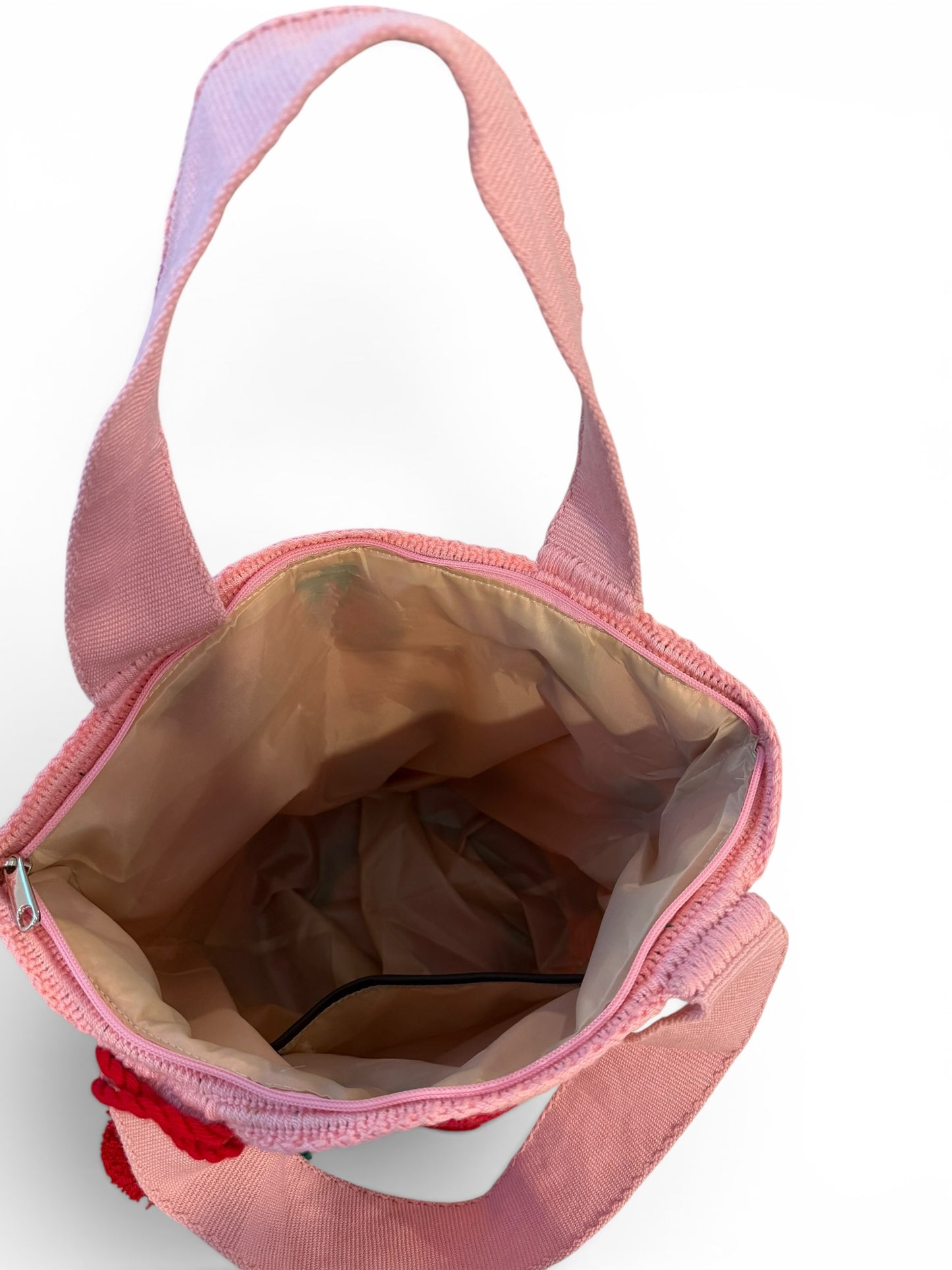 Wayuu XL Handwoven Cherry and strawberries Tote Bag Inner lining, sliding and ornament pompom