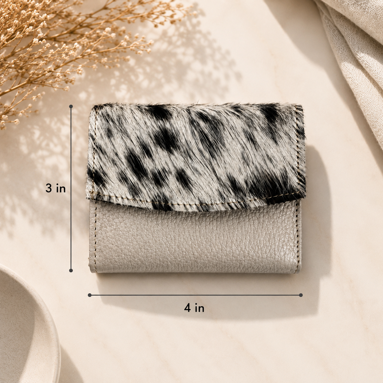 Genuine Cowhide Leather Card Holder Wallet with Zipper Hair-On Multiple Card Slots 7inx4in