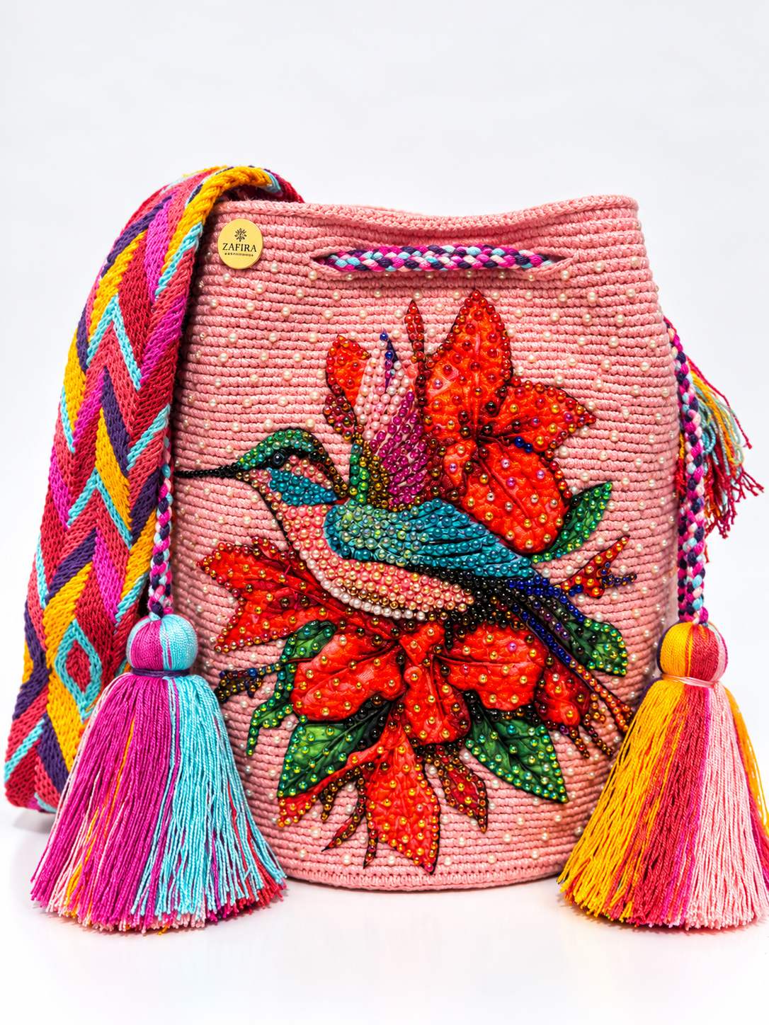 Wayuu Bag L dragonfly beige Decorated Unique Handmade Artisan Bag