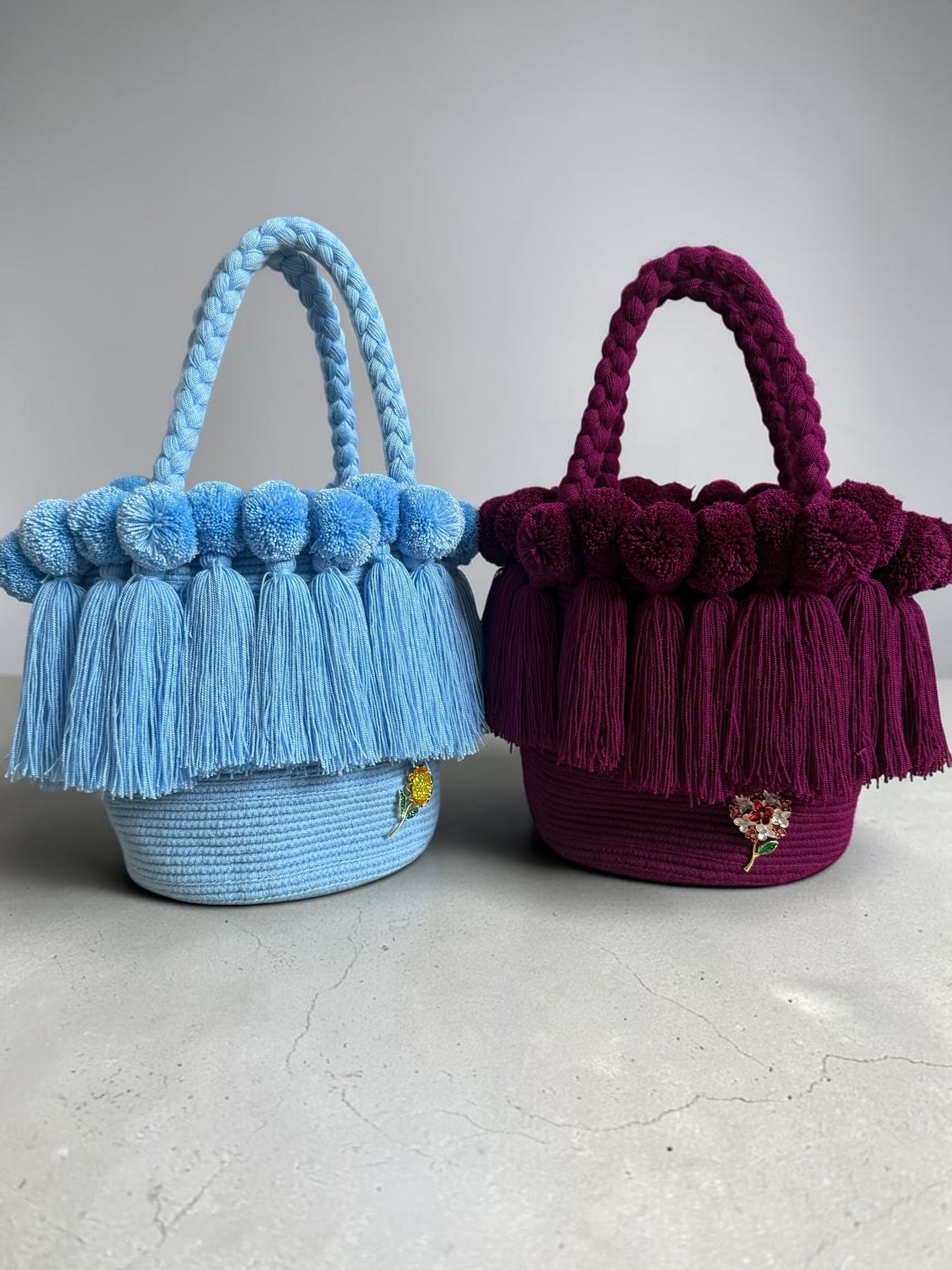 Medium Handmade Wayuu Crochet Handbag with Pom Poms & Tassels | Artisan Luxury Bag with Inner Lining | 9” Height