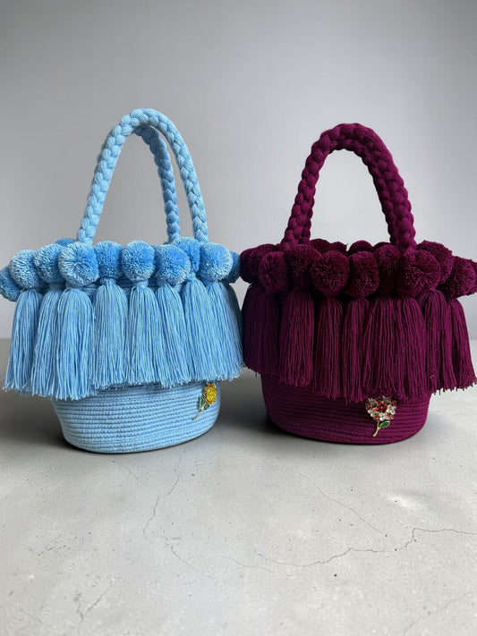 Medium Handmade Wayuu Crochet Handbag with Pom Poms & Tassels | Artisan Luxury Bag with Inner Lining | 9” Height