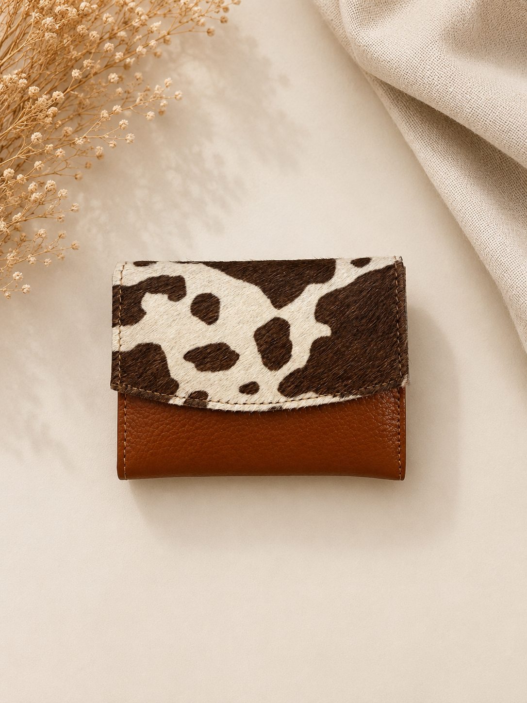 Genuine Cowhide Leather Card Holder Wallet with Zipper Hair-On Multiple Card Slots 7inx4in