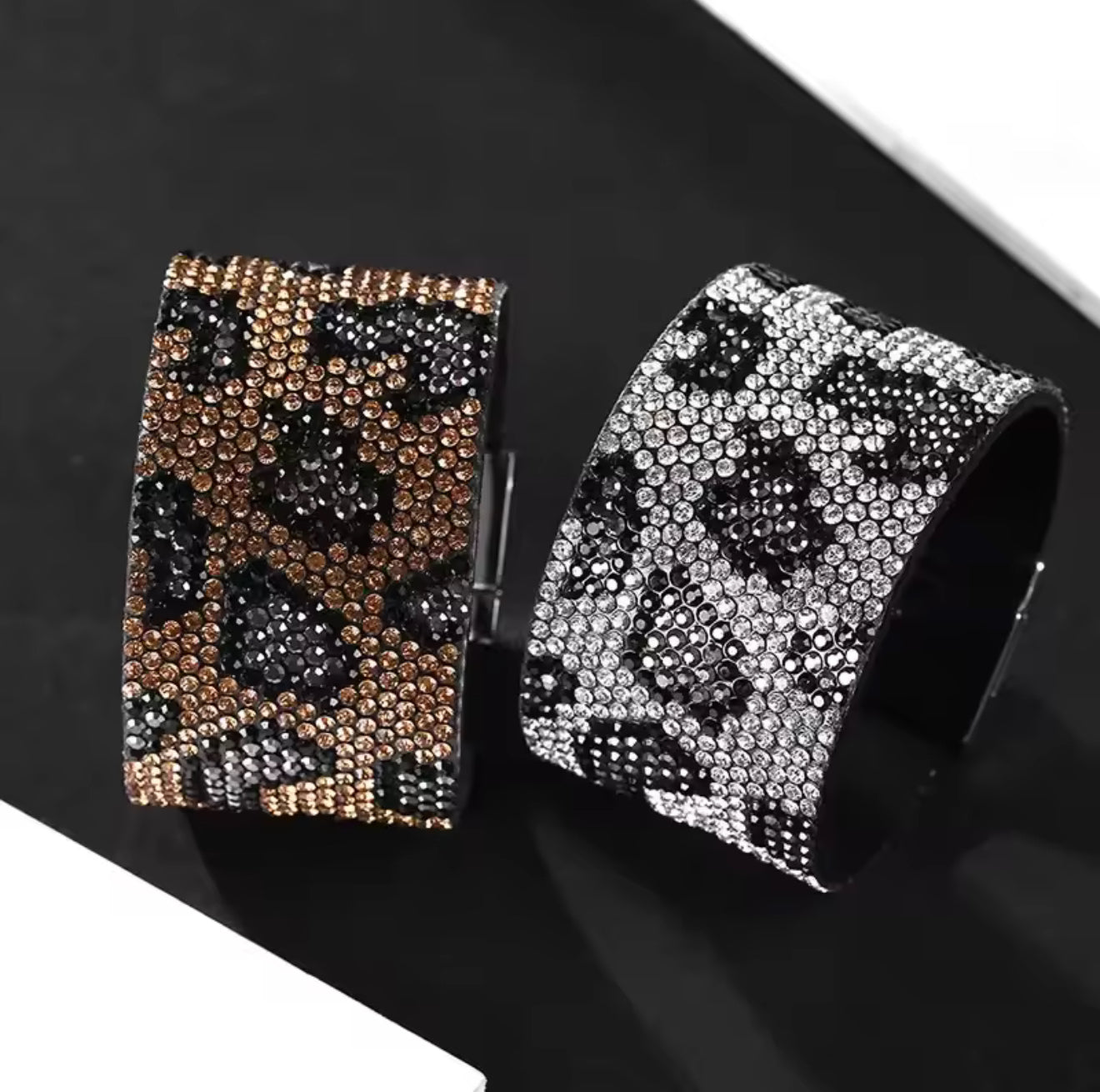 Wide leather bracelets with leopard grain rhinestones bracelets for women handmade