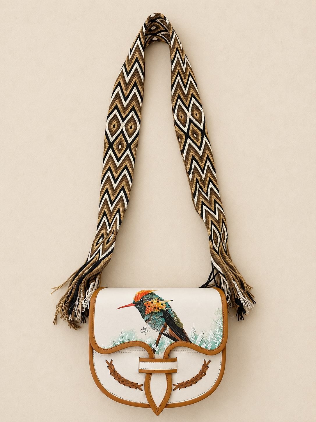 Hand Painted Genuine Leather Carriel Bag with Hummingbird | Adjustable Wayuu Crochet Strap