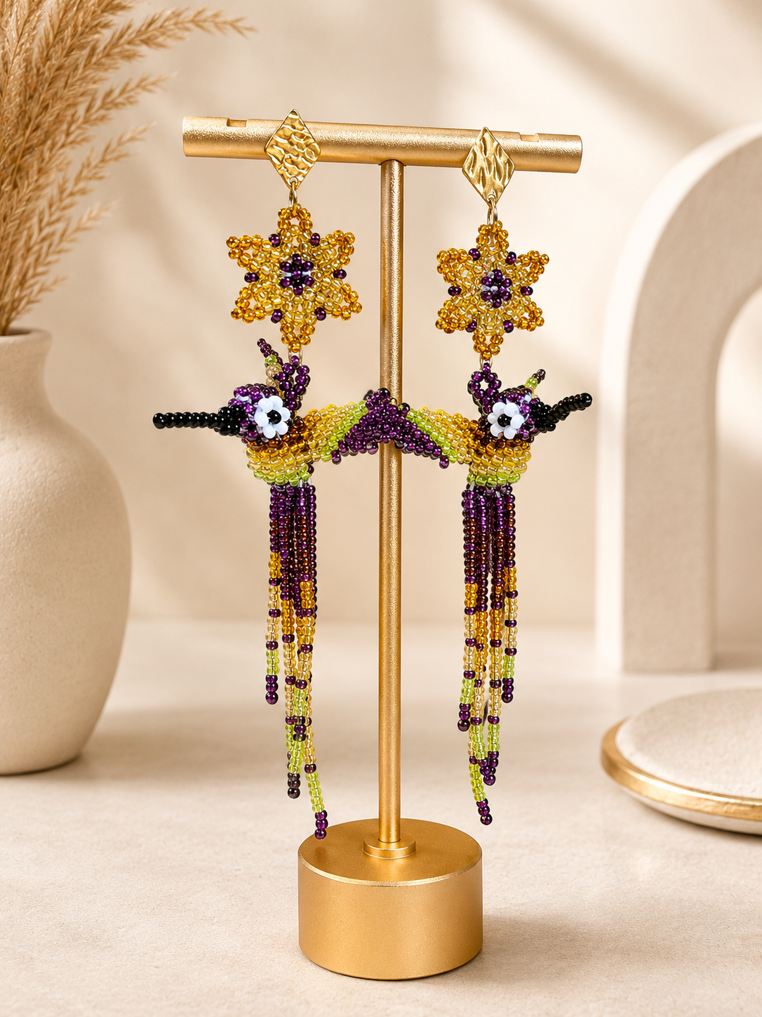 Handmade Hummingbird Beaded Earrings Colorful Artisan Statement Earrings for Women
