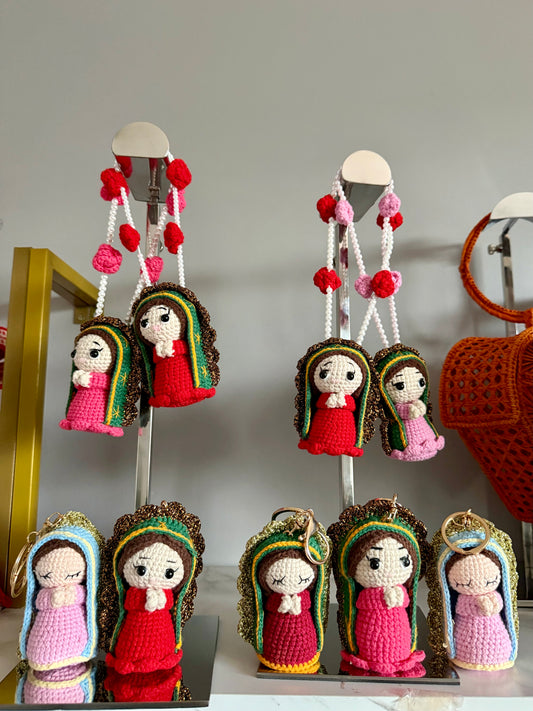 Crochet Virgin of Guadalupe keychain charm – Handmade spiritual accessory