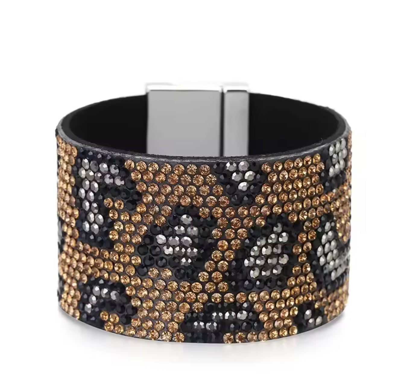 Wide leather bracelets with leopard grain rhinestones bracelets for women handmade