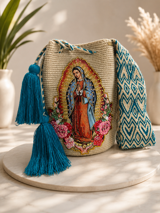 Large Wayuu Bag Virgin of Guadalupe  Decorated Details Handmade