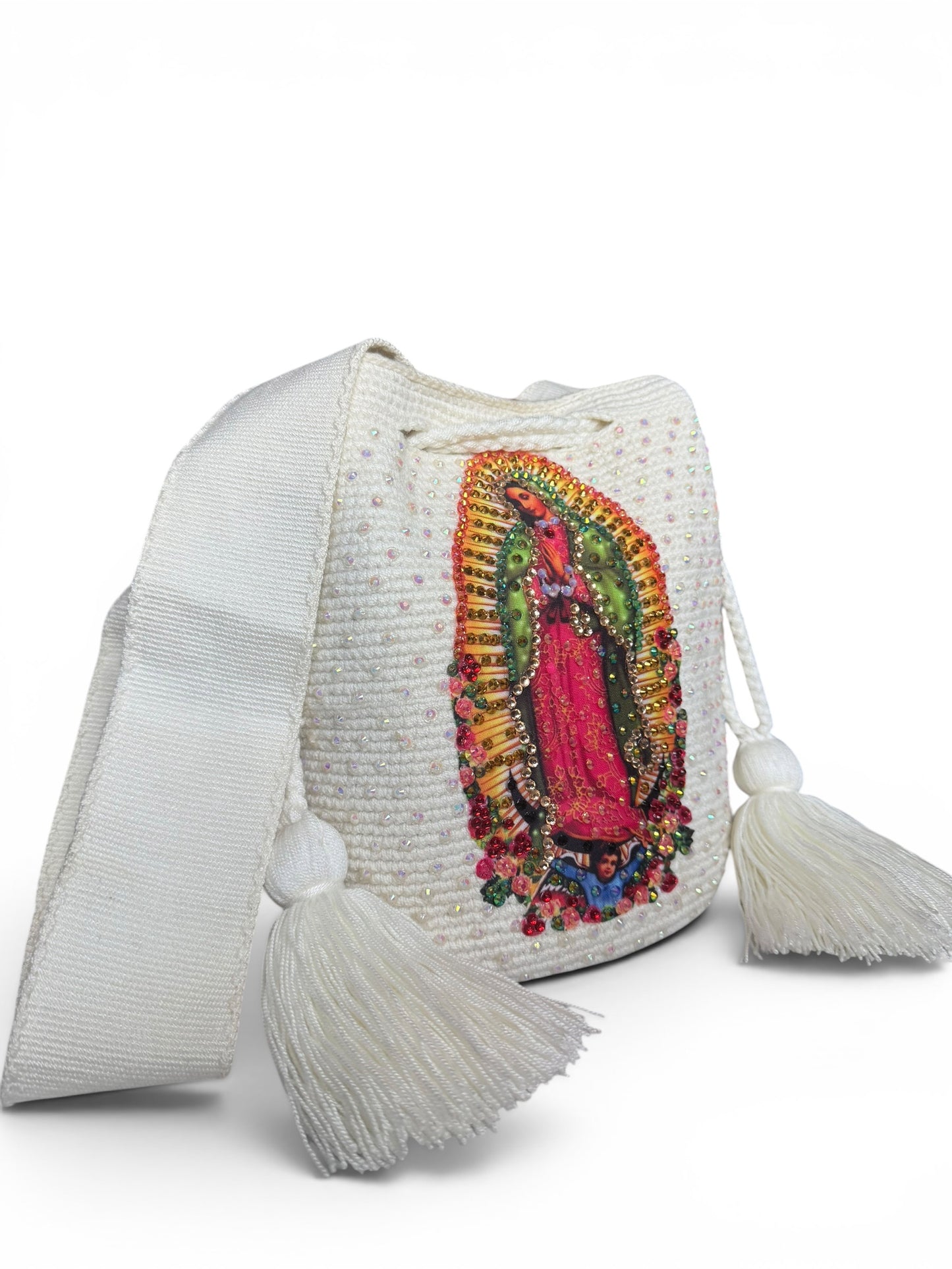 Crossbody Bucket Bag Wayuu Virgin of Guadalupe Decorated cream Details Handmade medium