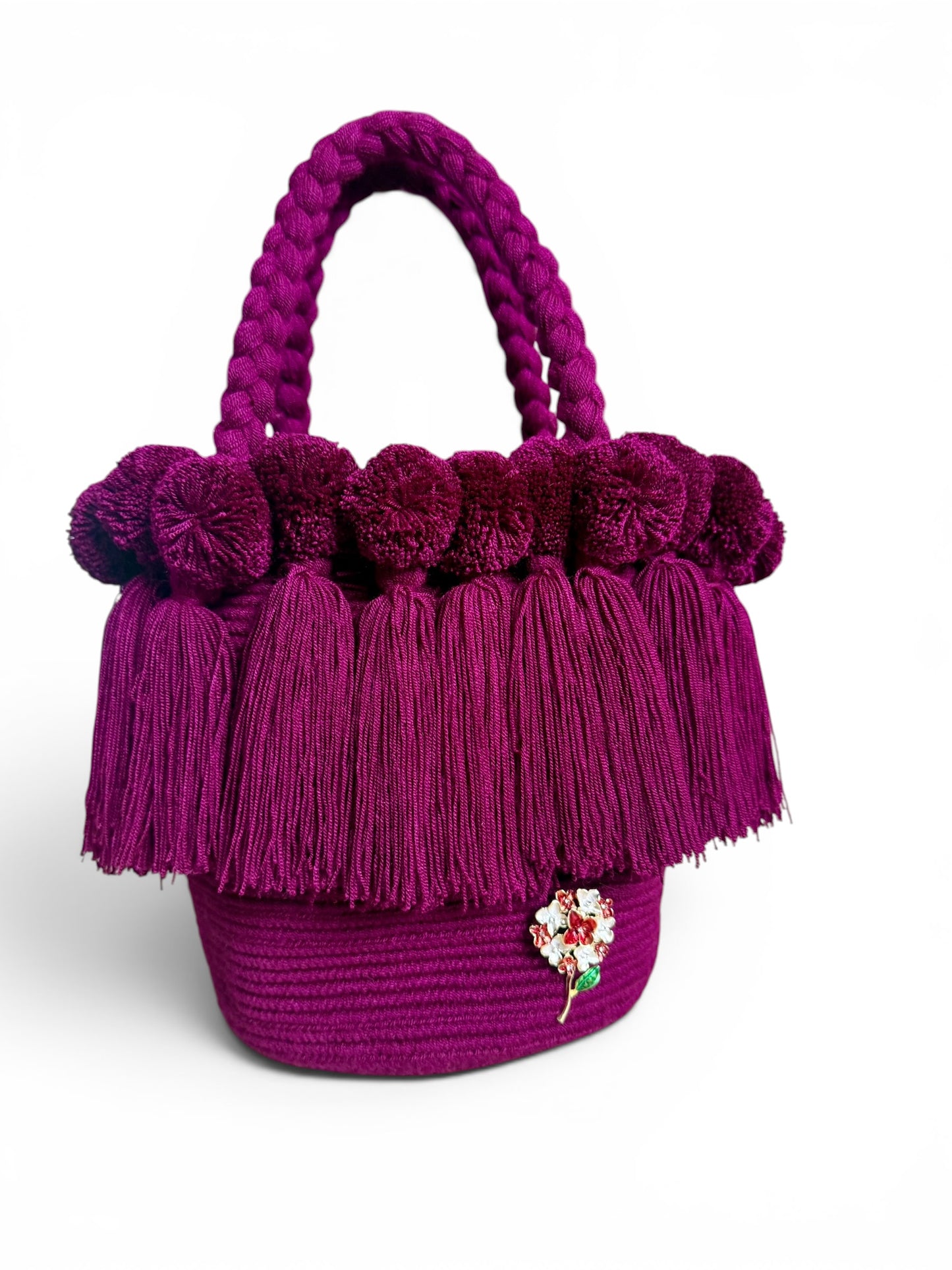 Medium Handmade Wayuu Crochet Handbag with Pom Poms & Tassels | Artisan Luxury Bag with Inner Lining | 9” Height