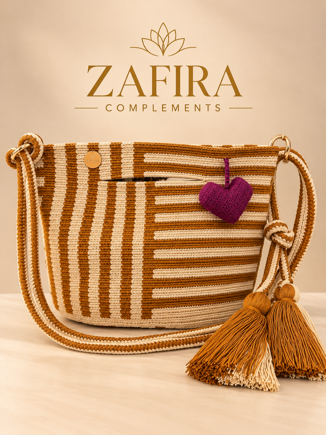 Medium Handmade Crochet Crossbody Bag with 3D Heart Charm Zafira Complements