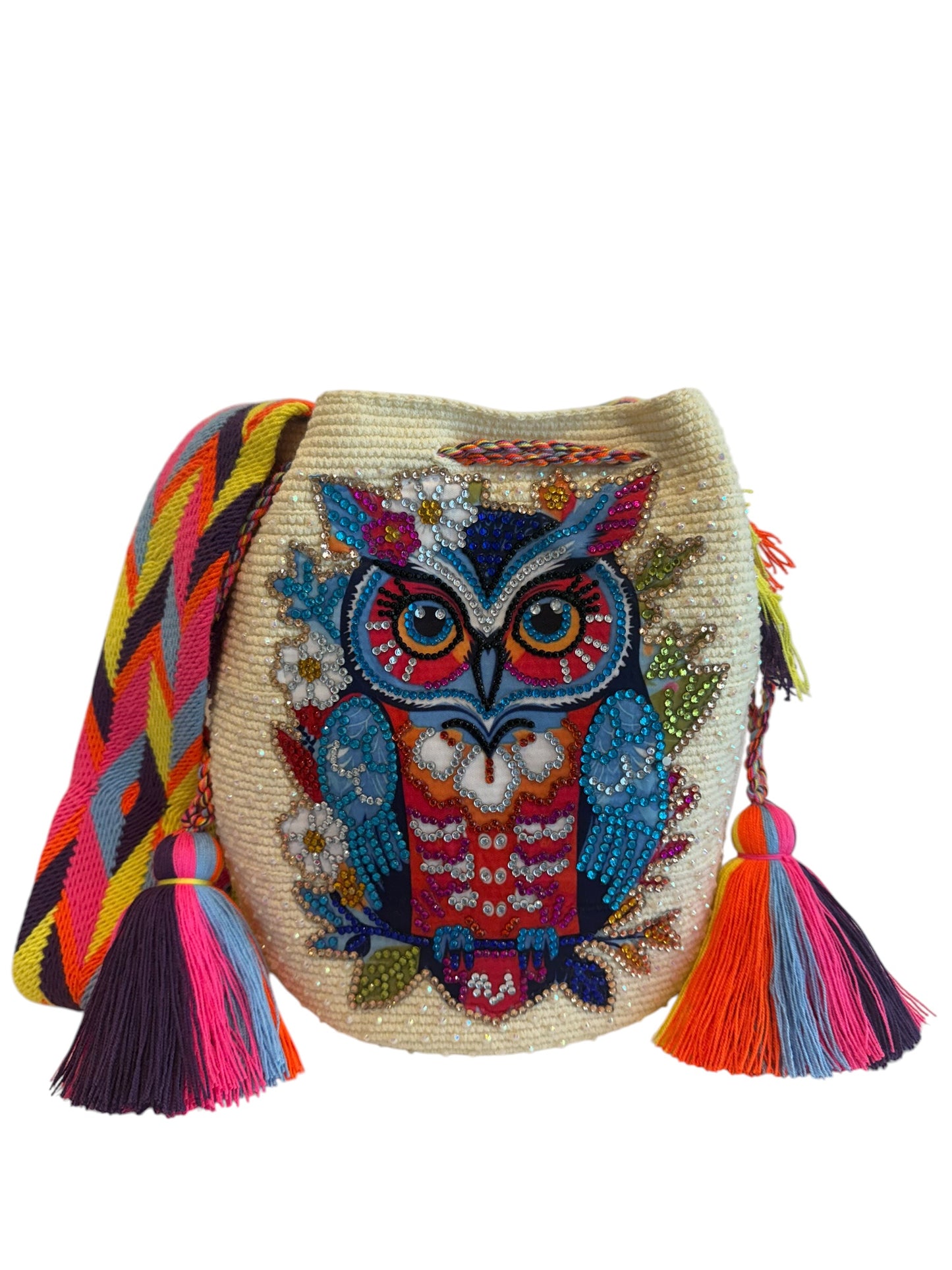 Large Handmade Crochet Owl Bag Colorful Wayuu Crossbody Bucket Bag Owl Collection | Zafira Complements