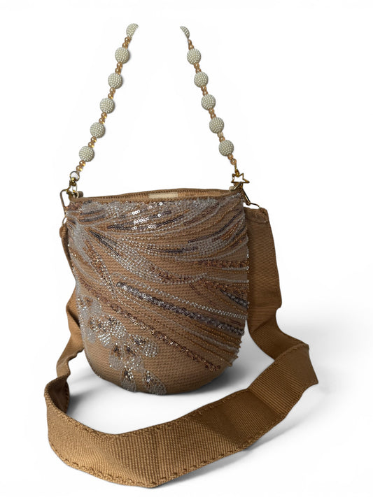 Medium bucket double use crossbody embroidered Beading & Crystals short and Long Strap