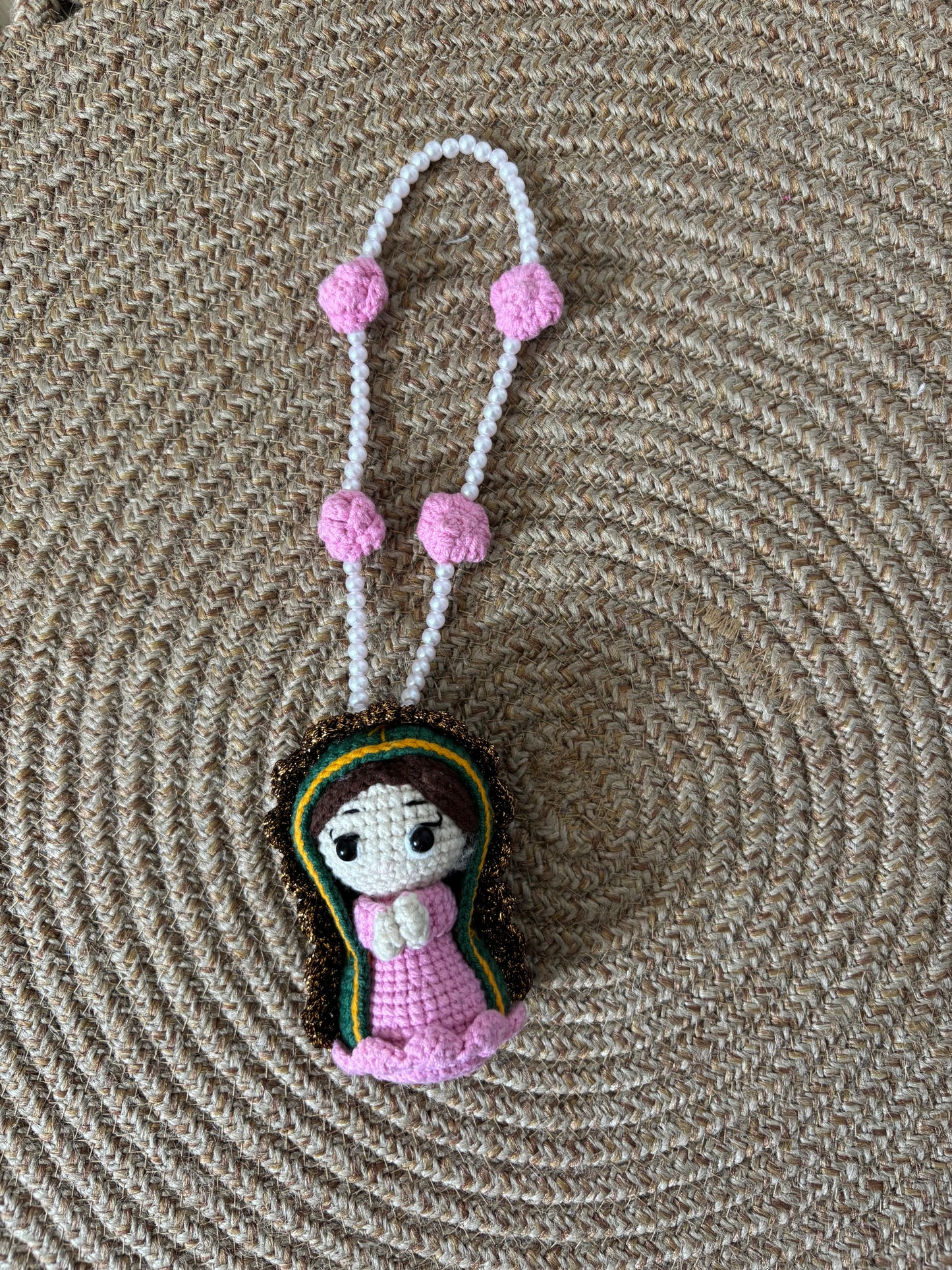 Crochet Virgin of Guadalupe keychain charm – Handmade spiritual accessory