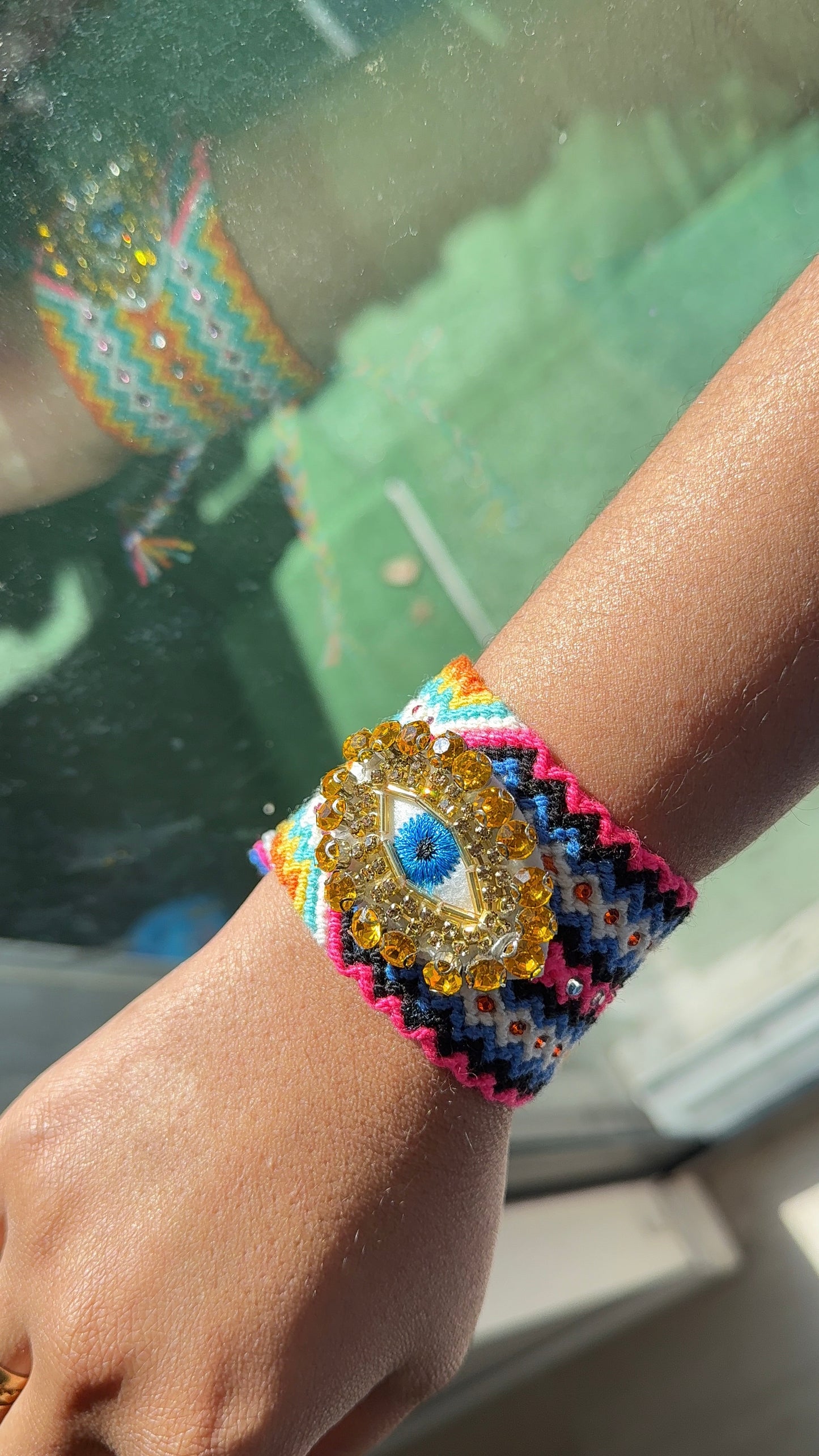 Handmade Crochet Evil Eye Bracelet – Colorful Boho Woven Jewelry