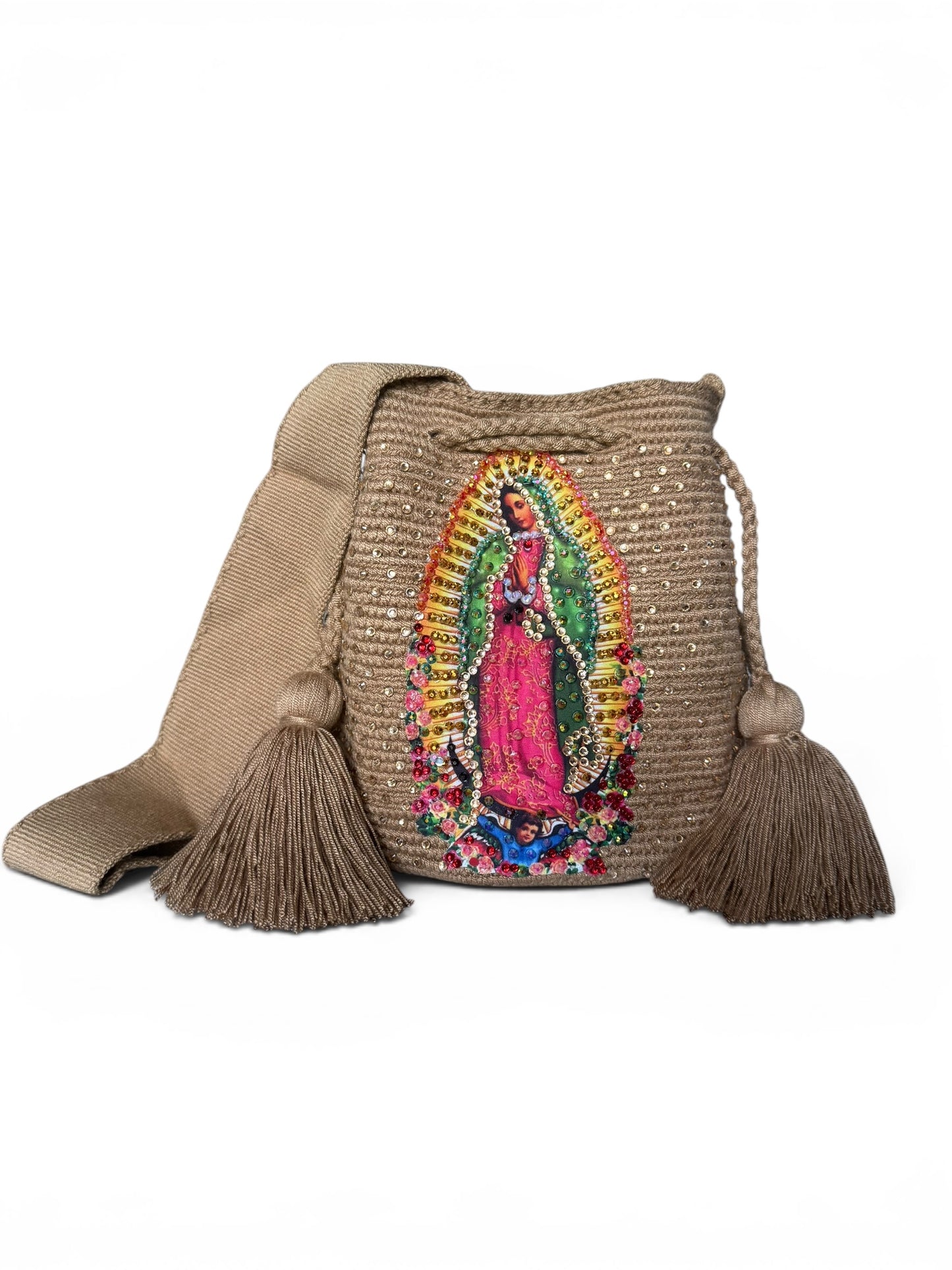 Crossbody Bucket Bag Wayuu Virgin of Guadalupe Decorated cream Details Handmade medium