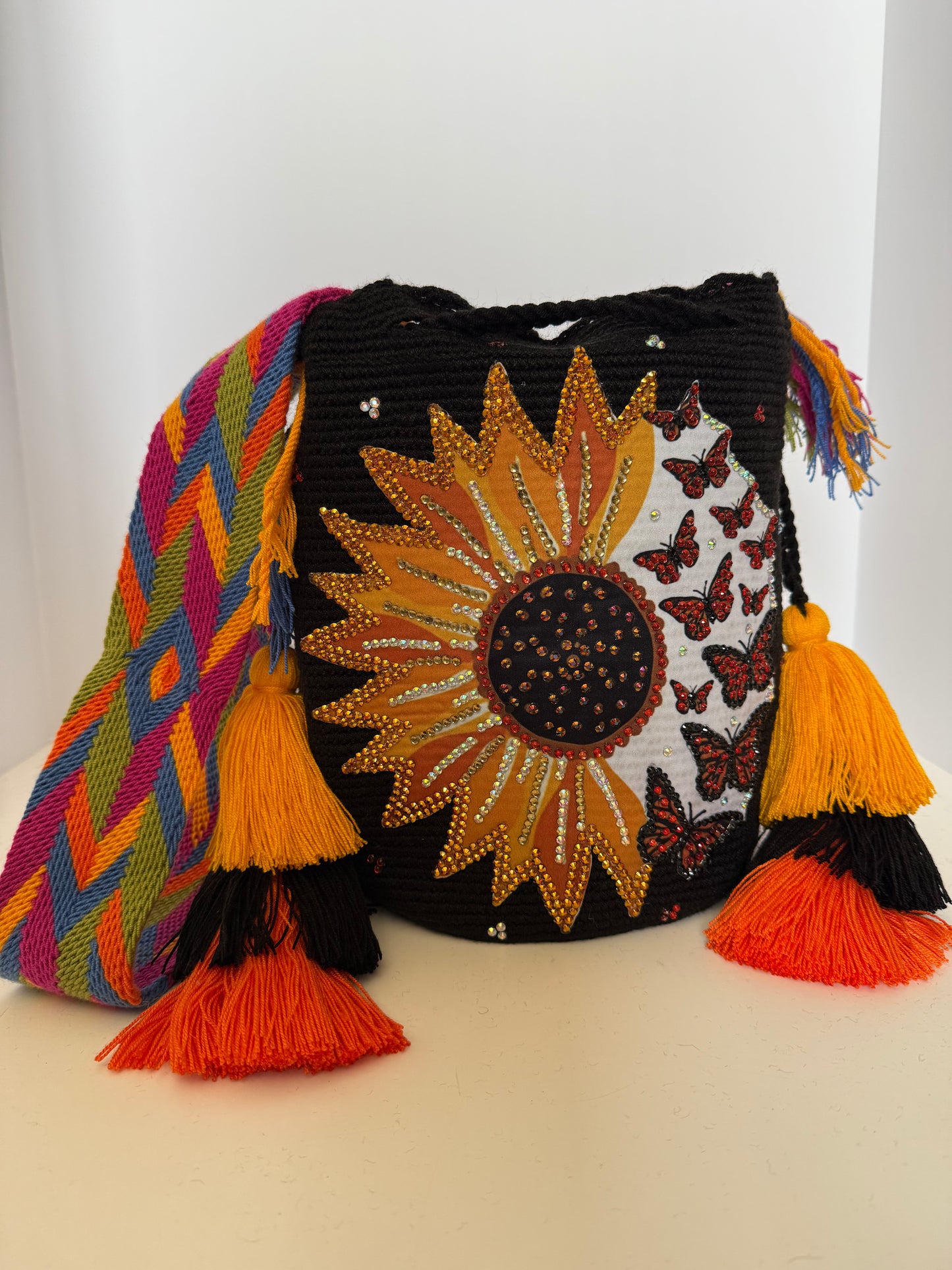 Wayuu bag Monarch butterfly and sunflower decorated L