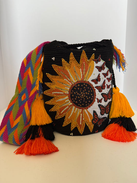 Wayuu bag Monarch butterfly and sunflower decorated L