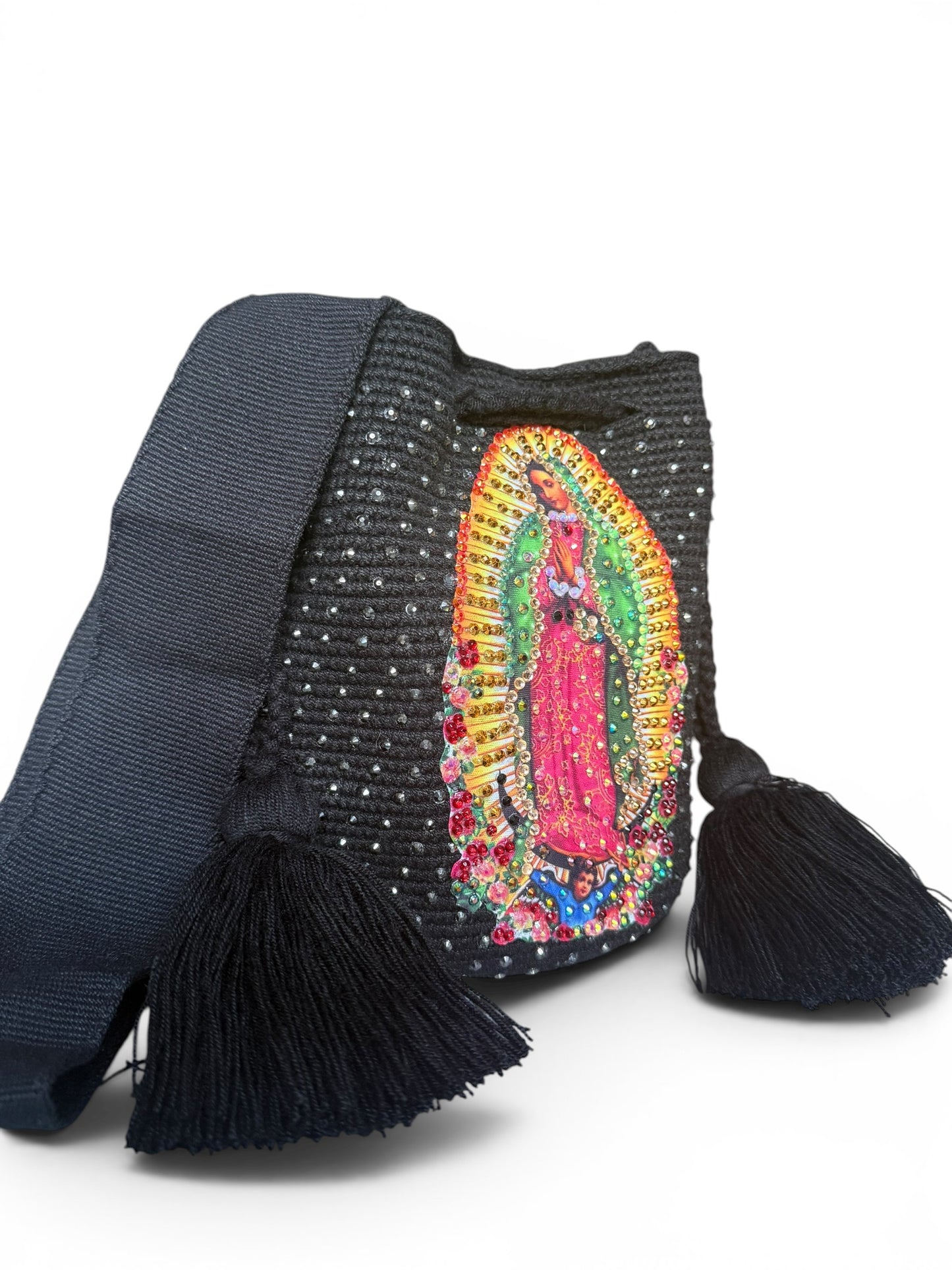 Crossbody Bucket Bag Wayuu Virgin of Guadalupe Decorated cream Details Handmade medium