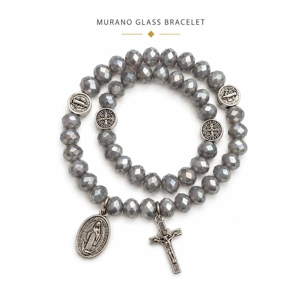 Murano Glass Catholic Bracelet – Lavender Crystal Beads, Cross , virgin of Guadalupe Medal