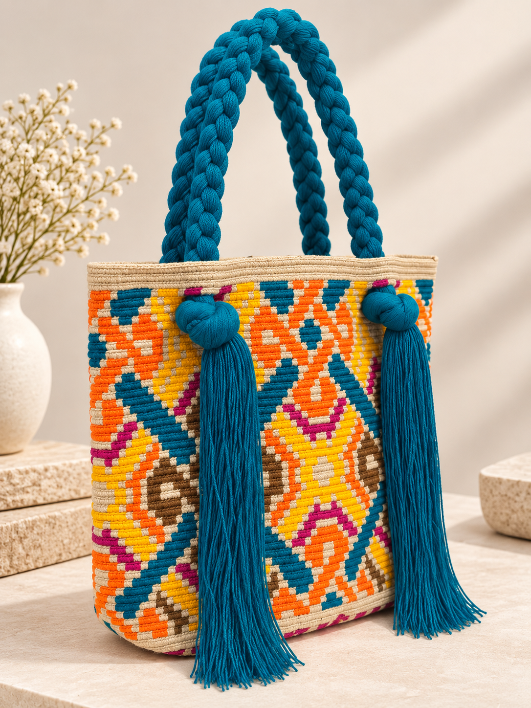 Wayuu Rapunzel Large Tote Bag Handmade Artisan  with Braided Strap 12” Height Statement Bag
