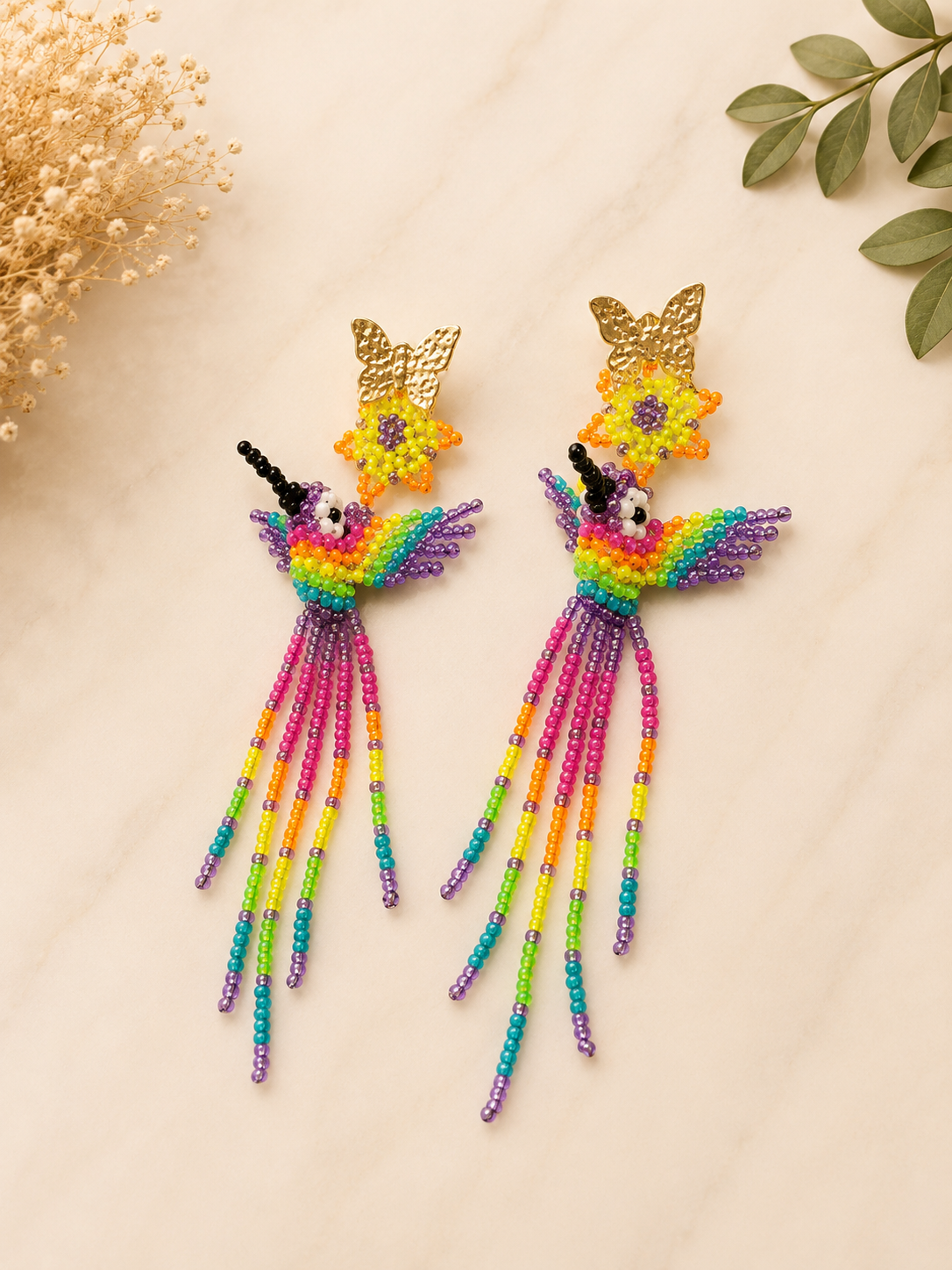 Handmade Hummingbird Beaded Earrings Colorful Artisan Statement Earrings for Women