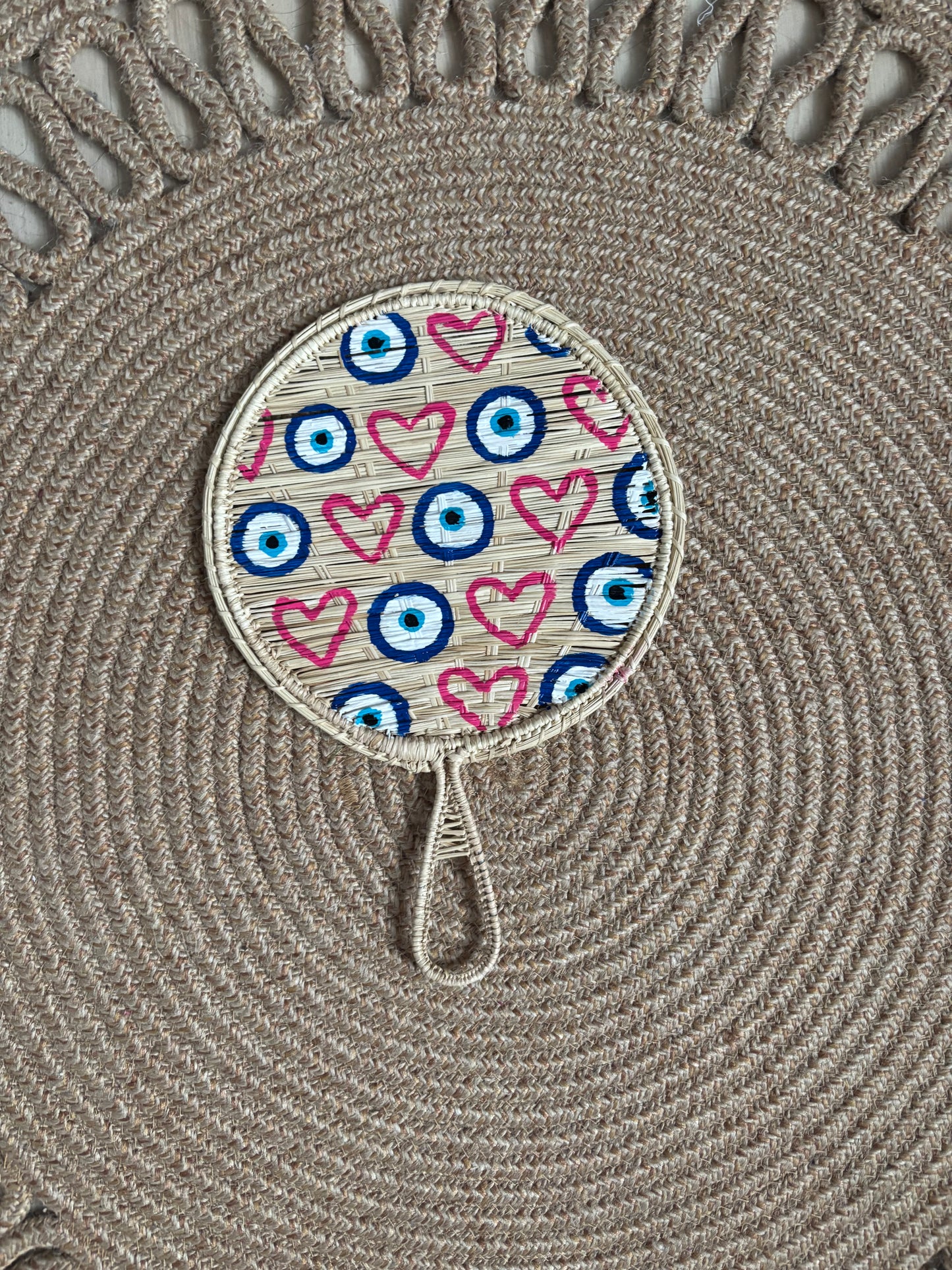 Hand-Painted Iraca Palm Fans with Beaded Wrist Strap – Unique Evil Eye & Heart Designs