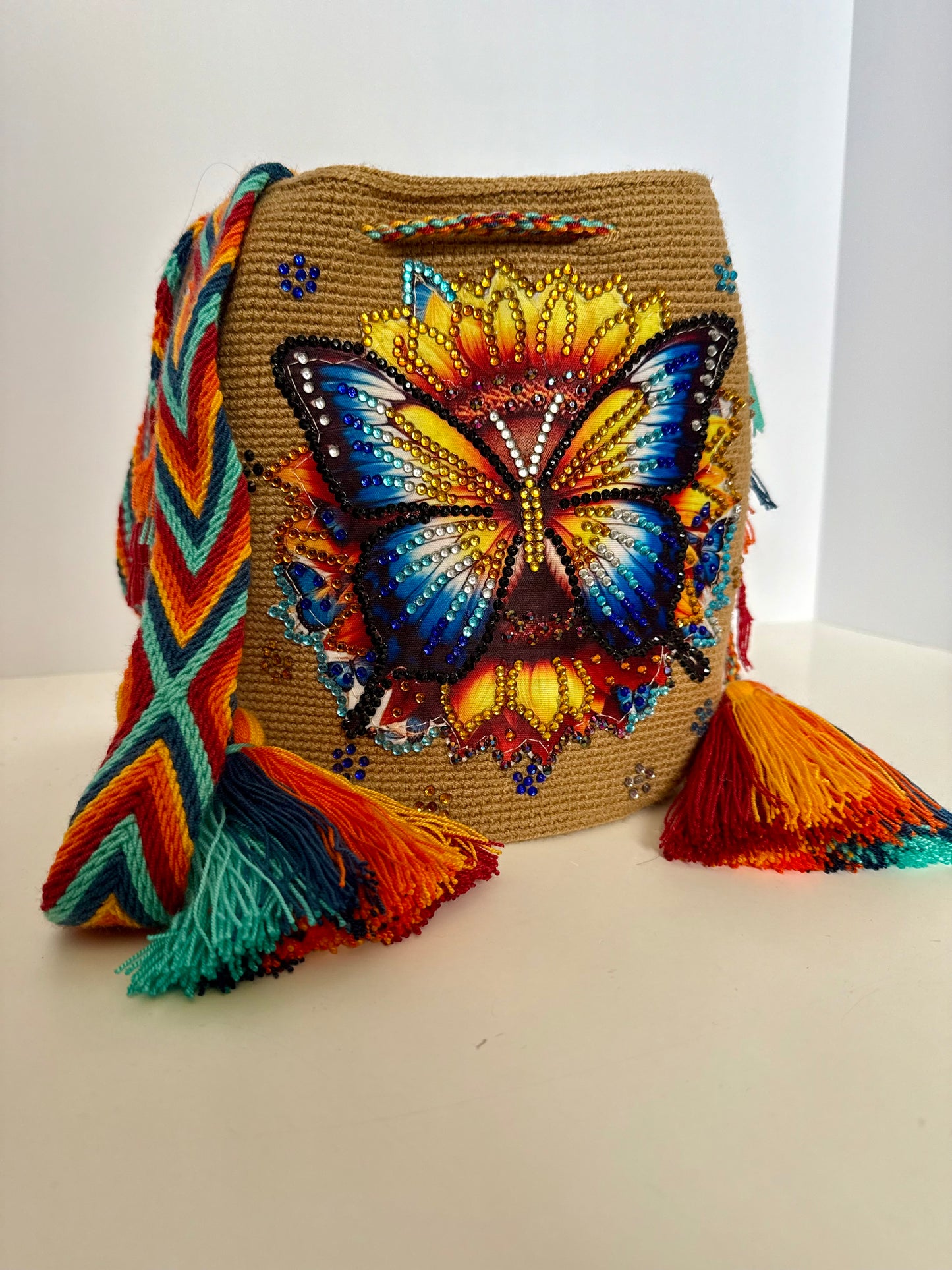 Wayuu Bag M Butterfly blue Decorated Unique Handmade Artisan Bag