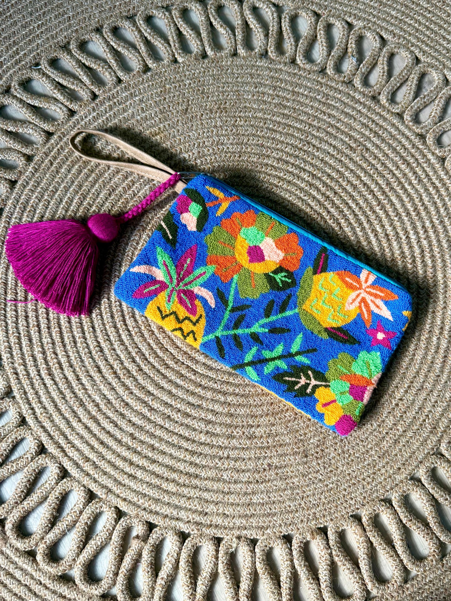 Handmade Floral Clutch | Colorful Embroidered Tapizado Bag with Tassel | Boho Wristlet
