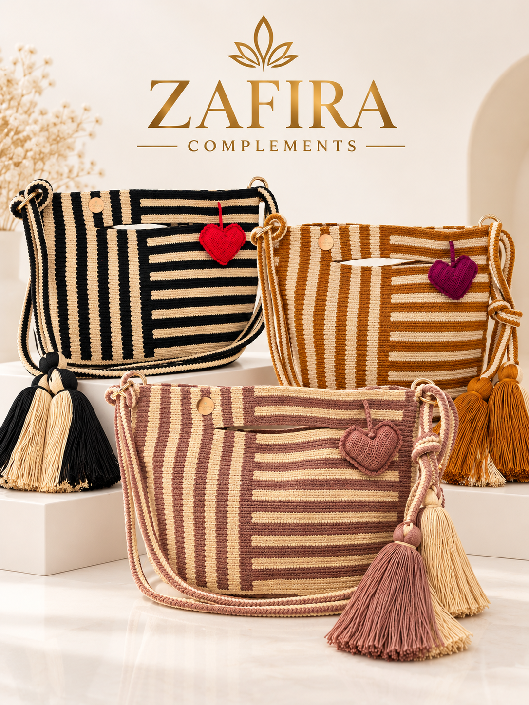 Medium Handmade Crochet Crossbody Bag with 3D Heart Charm Zafira Complements