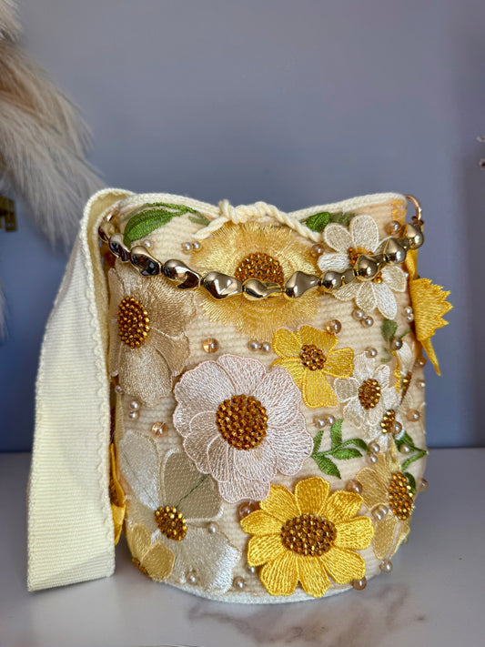 Wayuu Handbag with Floral Beading & Crystals Short & Long Strap