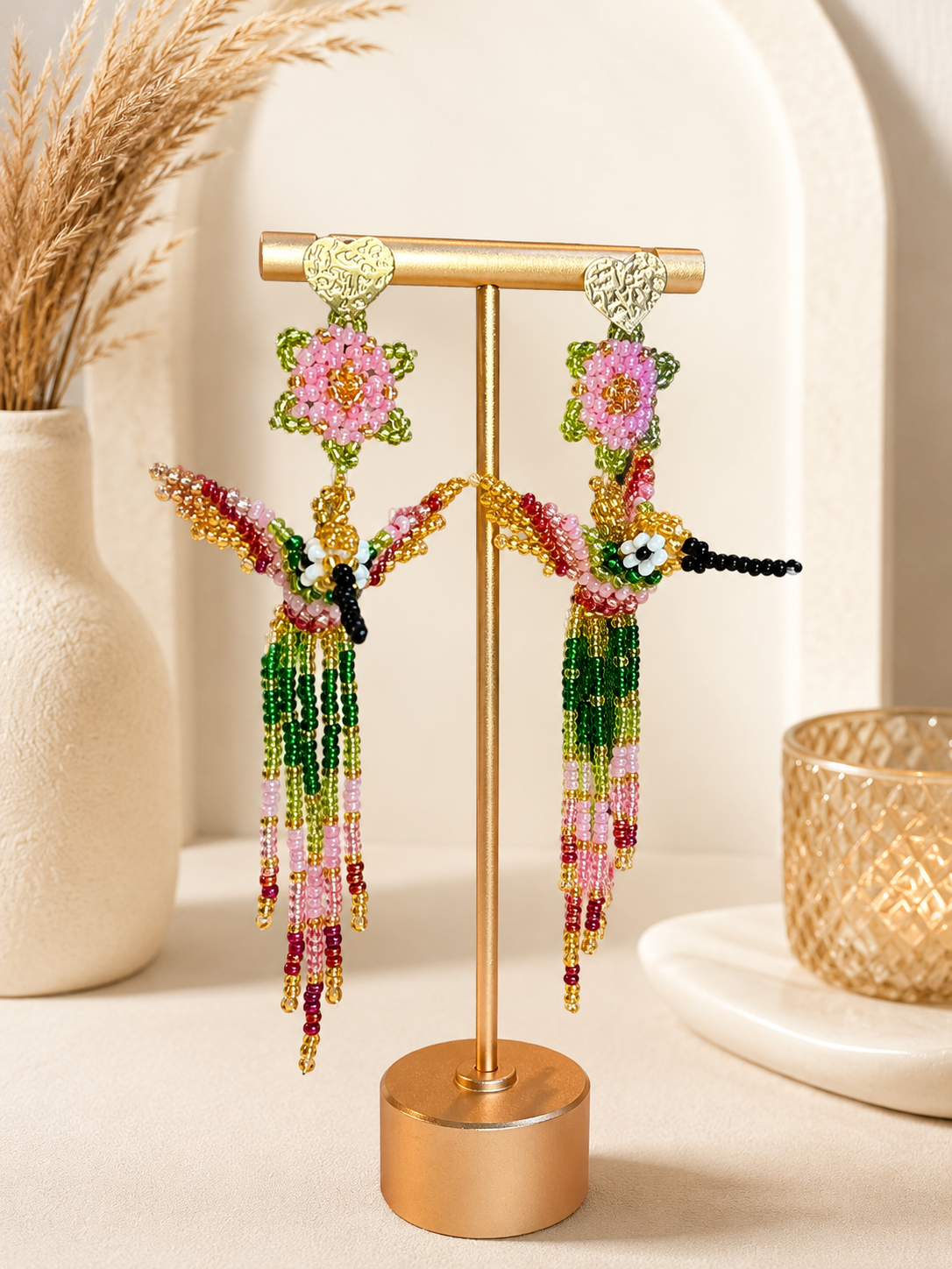 Handmade Hummingbird Beaded Earrings Colorful Artisan Statement Earrings for Women
