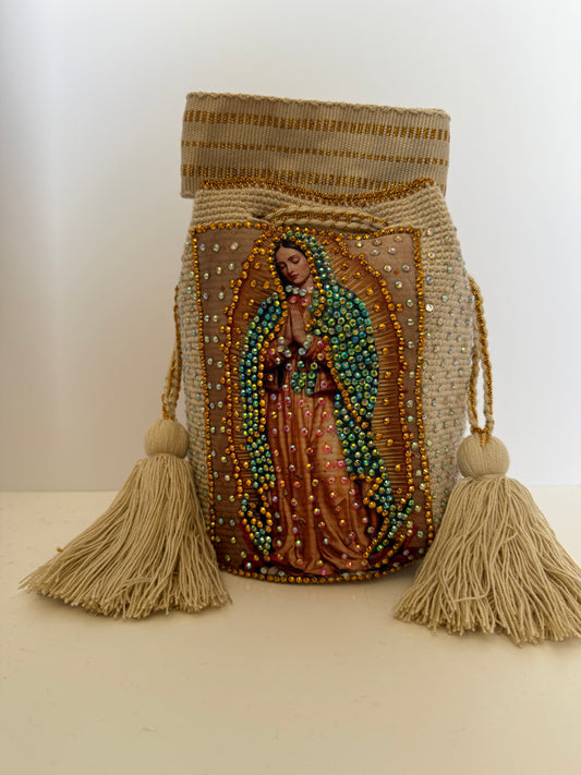 Crossbody Bucket Bag Wayuu Virgin of Guadalupe Decorated cream Details Handmade