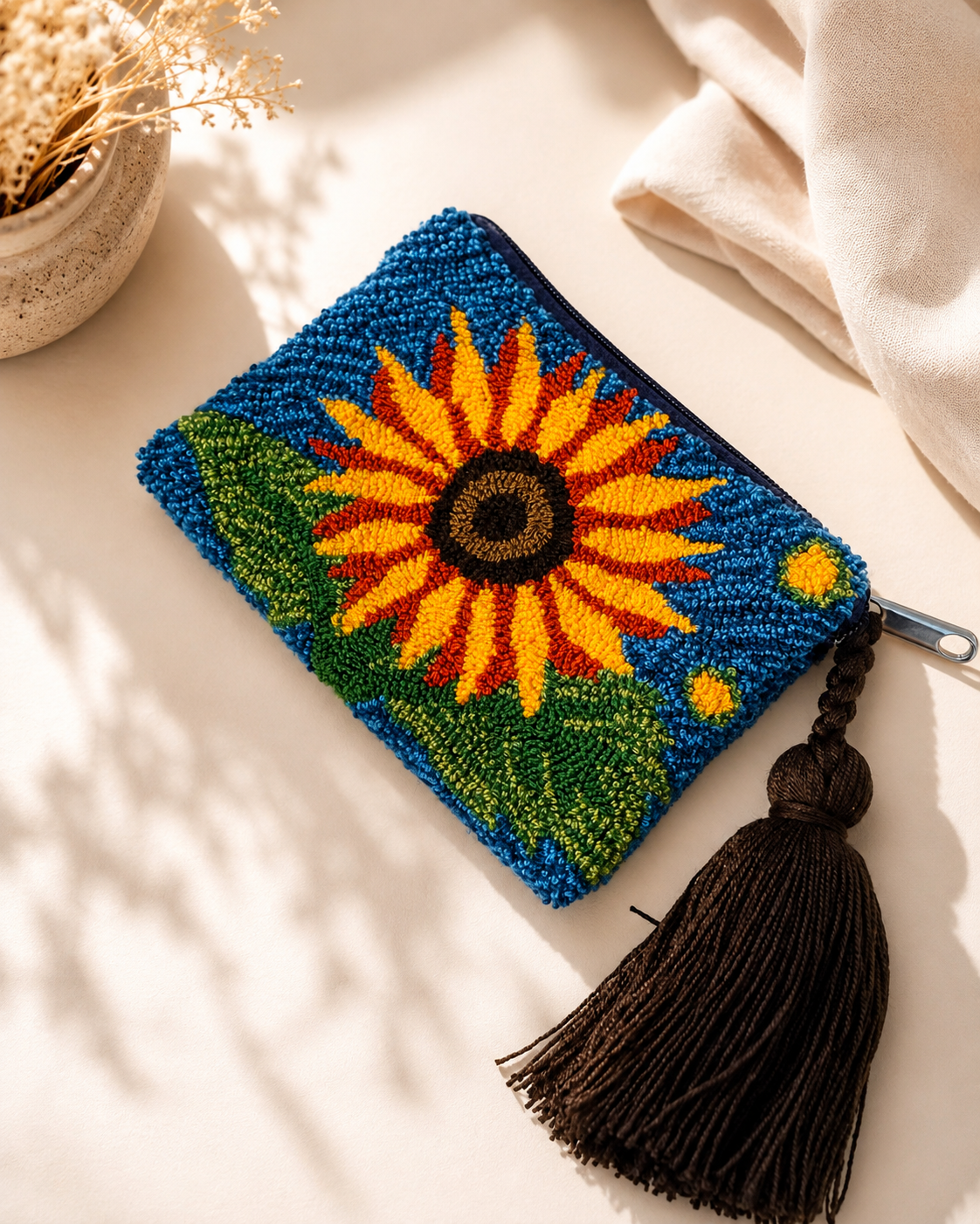 Handmade Tufted Mini Clutch Wallet 6” x 4” | Embroidered Zipper Coin Purse with Tassel