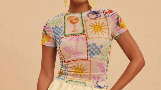 Sunshine scape t-shirt Summer,Tropical,Holiday,Vacation,Holiday Women's Fitted Printed Short Sleeve Mesh Sheer Ruched Casual Blouse,Spring/Summer New Top