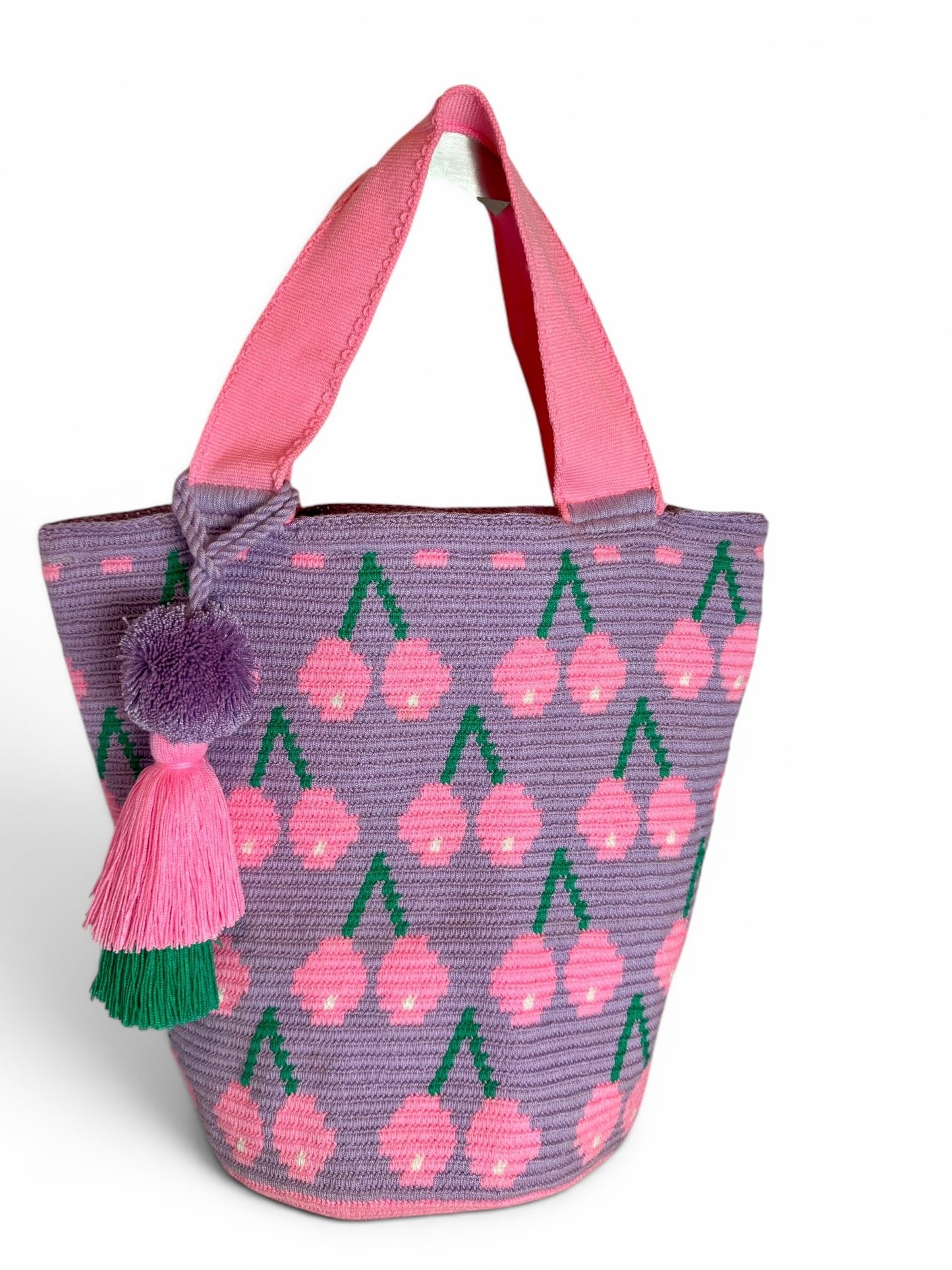 Wayuu XL Handwoven Cherry Tote Bag Inner lining, sliding and ornament (pompom