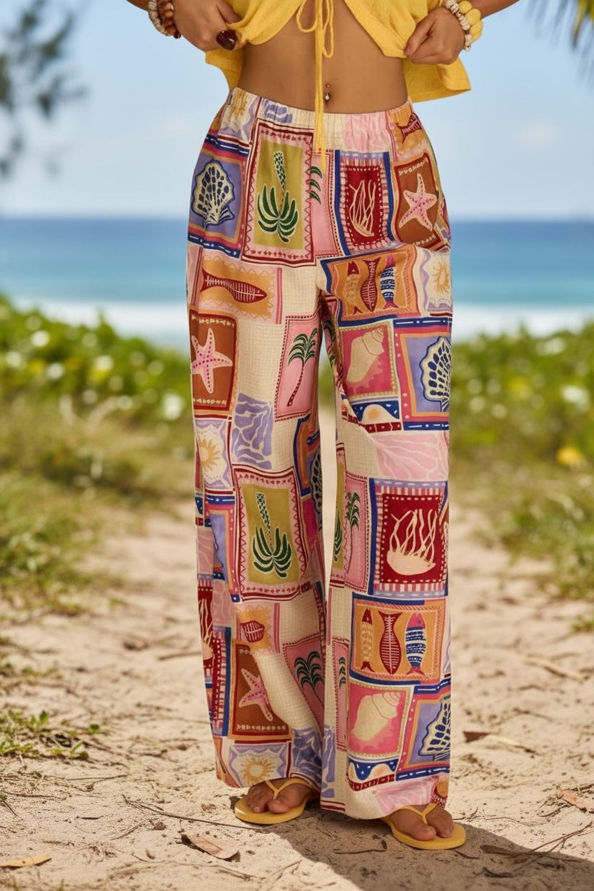 Colorful Summer Pants for Women | Full Print Wide Leg Trousers | Vibrant Vacation Style