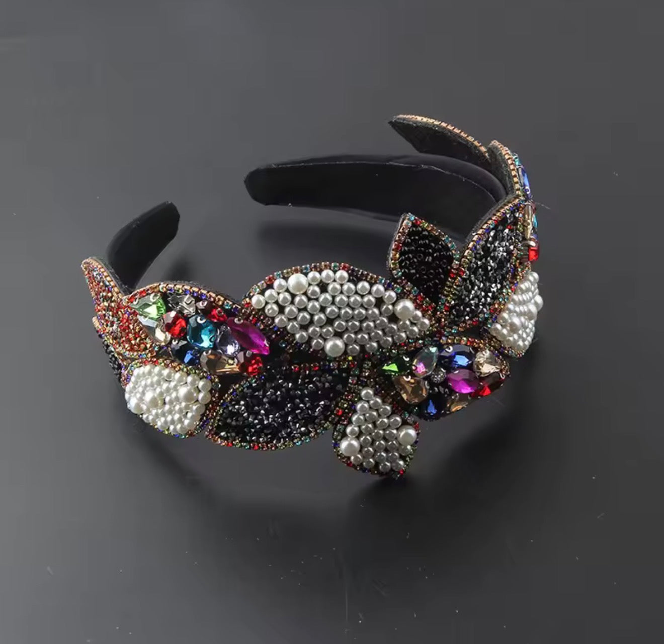 Luxurious and Beautiful Party Headband with Colored Stones, Hair Accessories, Fabric Headband with Baroque Style Crystals