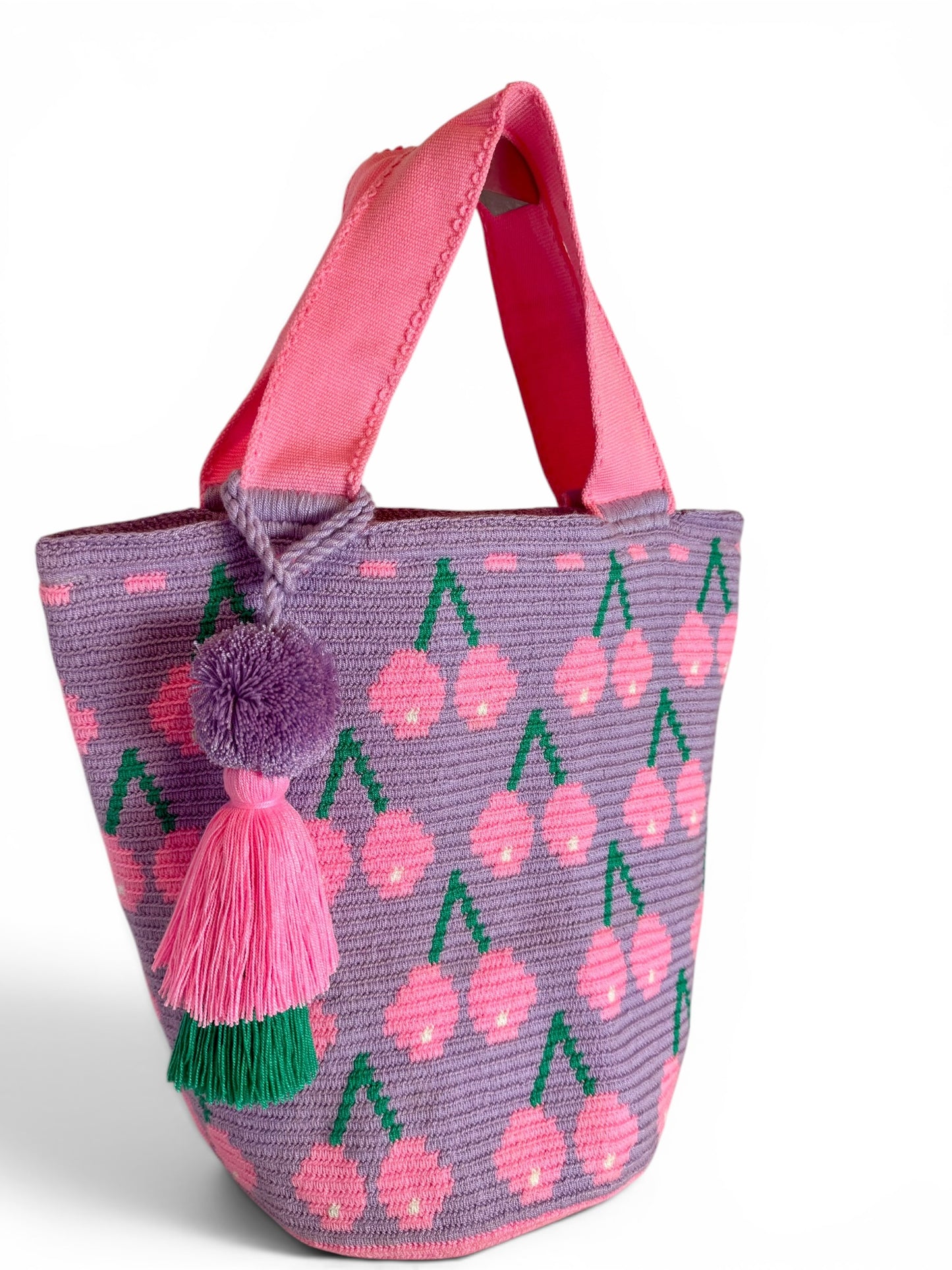 Wayuu XL Handwoven Cherry Tote Bag Inner lining, sliding and ornament (pompom