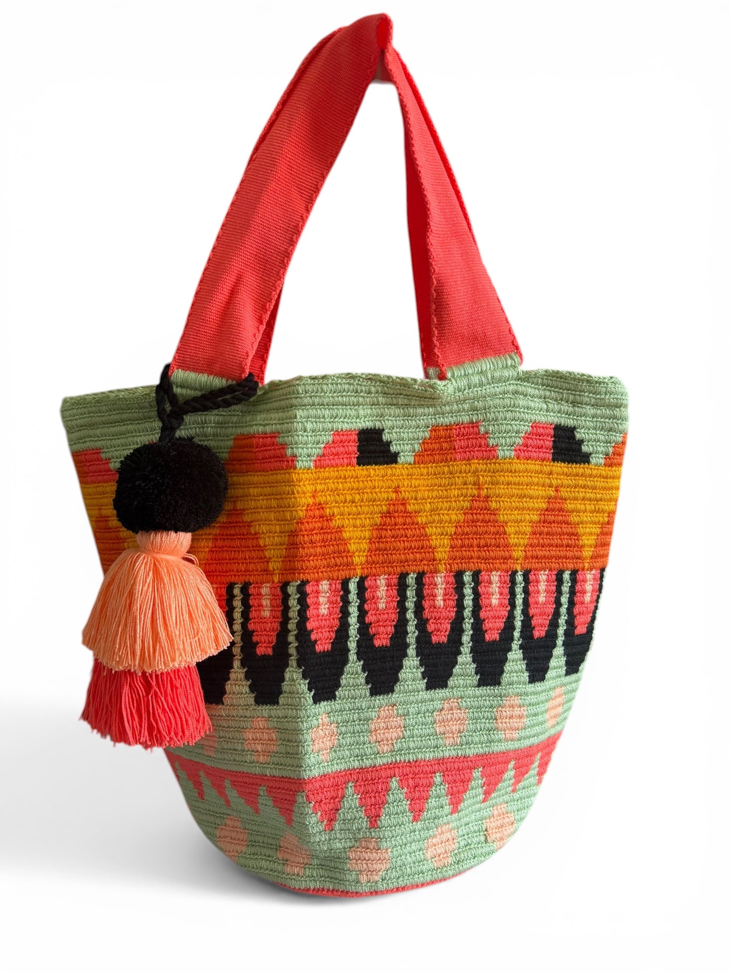 Wayuu XL Handwoven Tote Bag Inner lining, sliding and ornament (pompom)