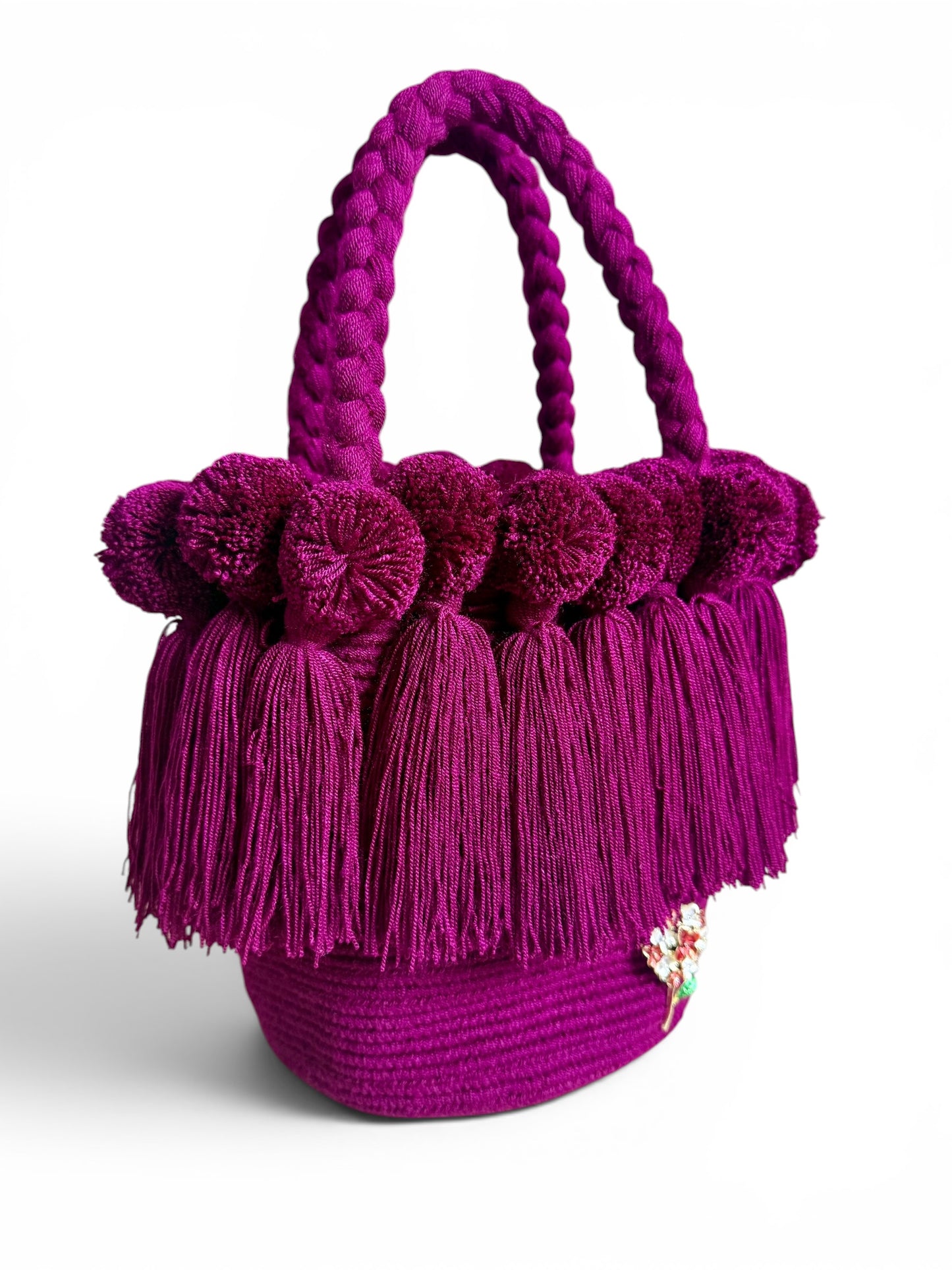 Medium Handmade Wayuu Crochet Handbag with Pom Poms & Tassels | Artisan Luxury Bag with Inner Lining | 9” Height