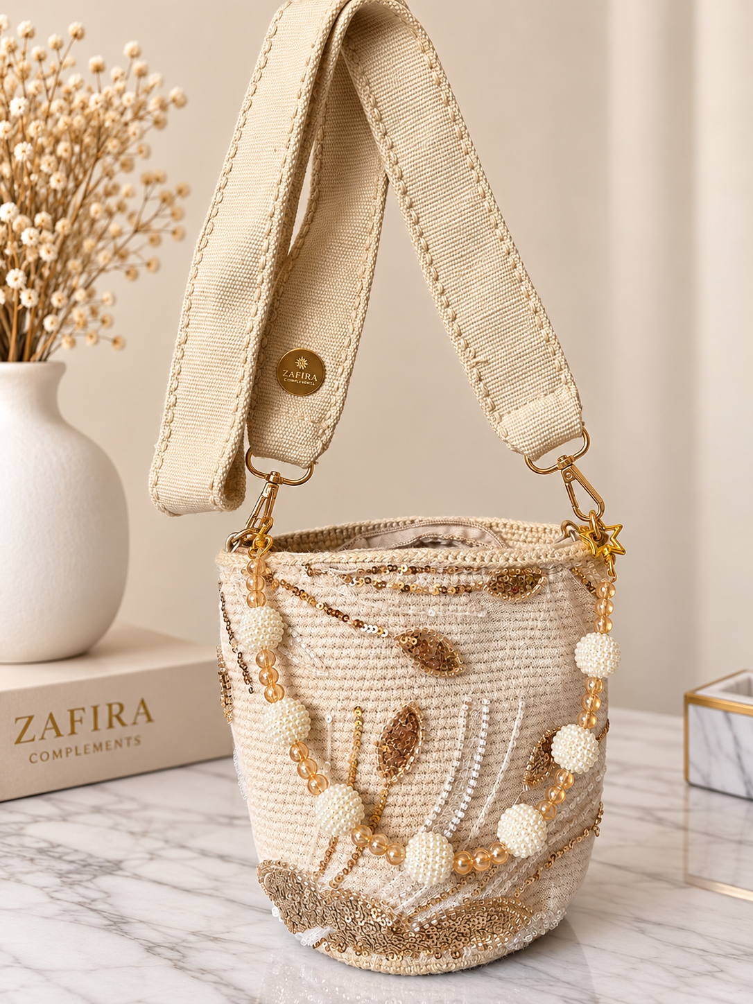 Luxury Handmade Beaded Mini Bucket Bag double use Sequin Crossbody Purse with Beaded Handle