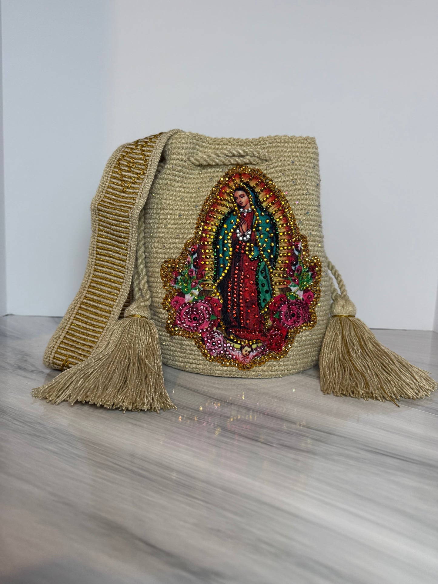 Crossbody Bucket Bag Wayuu Virgin of Guadalupe Decorated cream Details Handmade