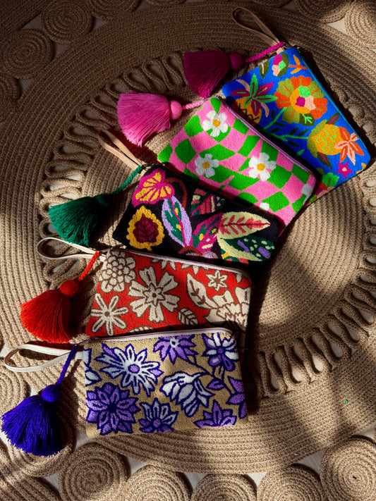 Handmade Floral Clutch | Colorful Embroidered Tapizado Bag with Tassel | Boho Wristlet