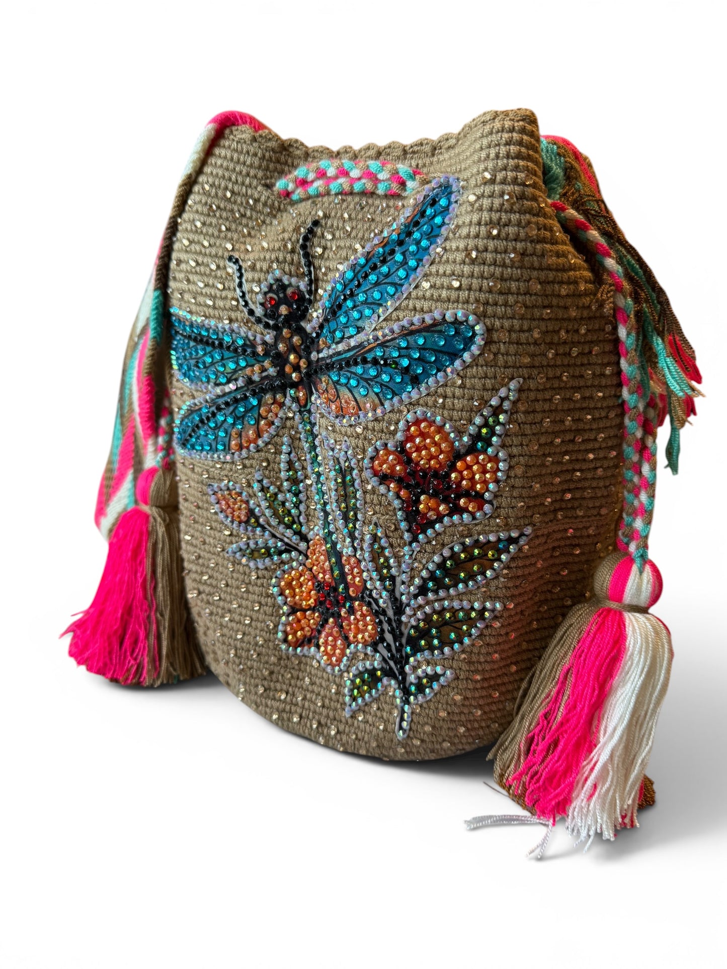Wayuu Bag L dragonfly beige Decorated Unique Handmade Artisan Bag